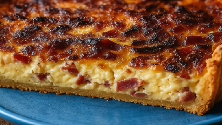 Quiche rustique aux oignons fondants, lardons & fromage
