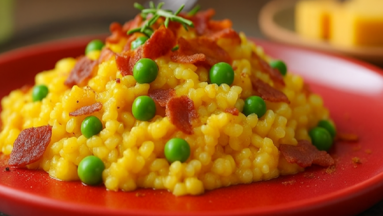 Risotto au Cheddar, Bacon et Petits Pois